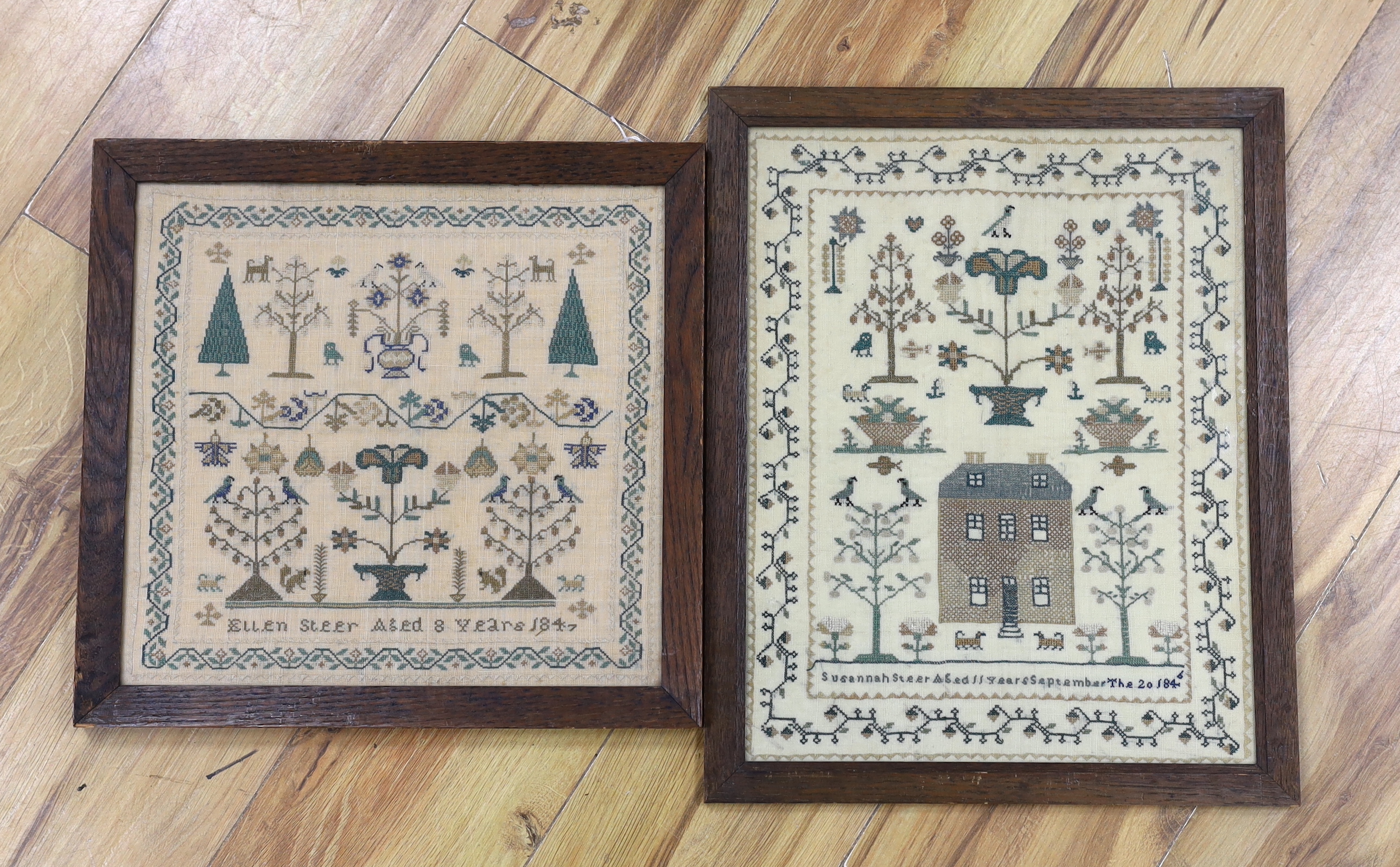 Two framed and dated samplers, one by Ellen Steer aged 8years, dated 1847, the other by Susannah Steer aged 11 years dated 1846, both worked in cross stitch motifs of trees, animals and butterflies, the larger worked als
